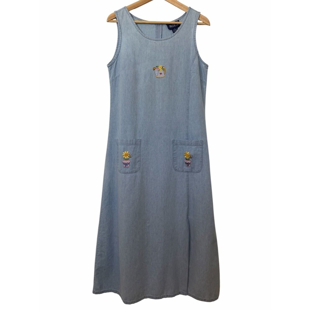 Blue J Embroidered Floral Pockets Sleeveless Maxi Dress Blue Denim Cotton Sz M